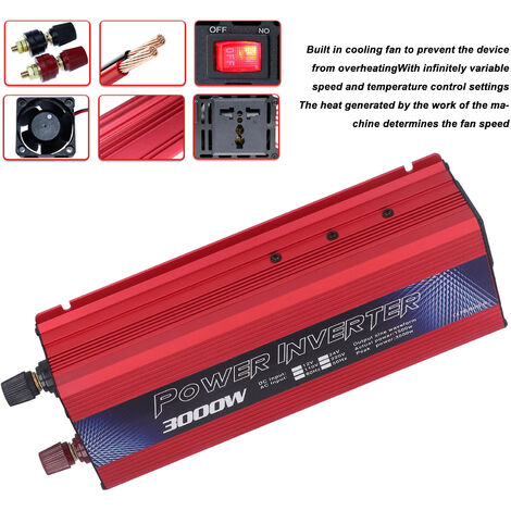 Auto-Wechselrichter, Sinuswellen-Konverter mit USB-Anschluss, Lüfter, 3000 W,  DC 12 V zu AC, rot