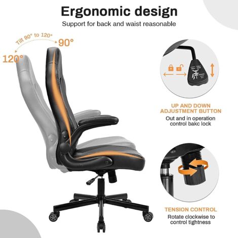 Chaise Bureau Ergonomique BASETBL - Pivotante 360°, Accoudoirs Rabattables - Cuir PU - Noir - Certifiée TÜV/SGS
