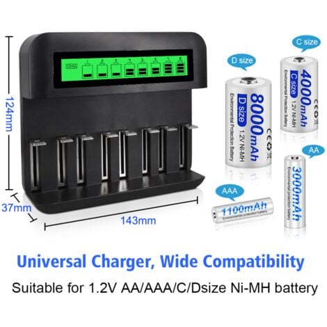 Chargeur de batterie universel LCD à 8 emplacements avec port USB
