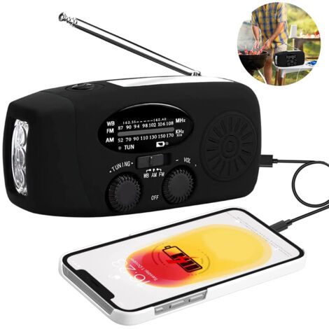 Radio hybride AM/FM - rechargeable avec solaire, manivelle et USB - batterie 1000mAh - radio d'urgence - radio compacte pour le camping et l'extérieur