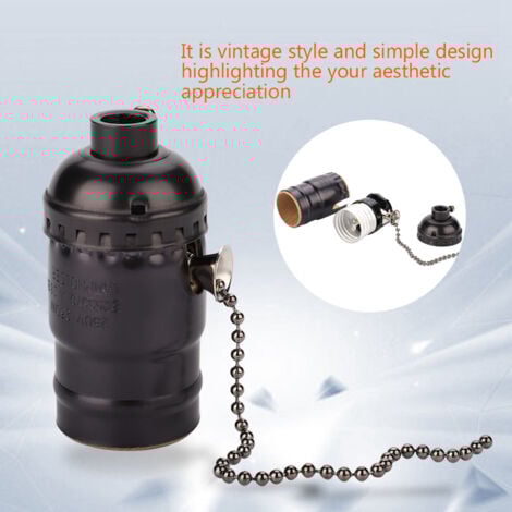 Douille de lampe vintage en aluminium E27 avec chaîne de traction pour lampe de bureau, support d'éclairage à vis (noir)