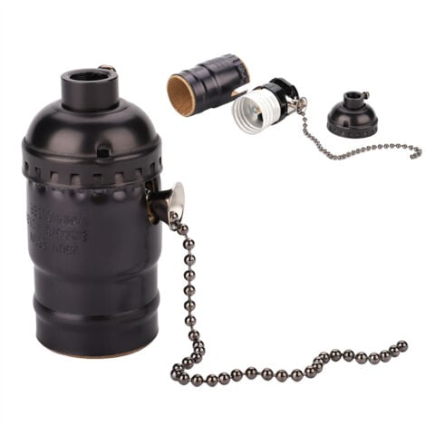 Douille de lampe vintage en aluminium E27 avec chaîne de traction pour lampe de bureau, support d'éclairage à vis (noir)