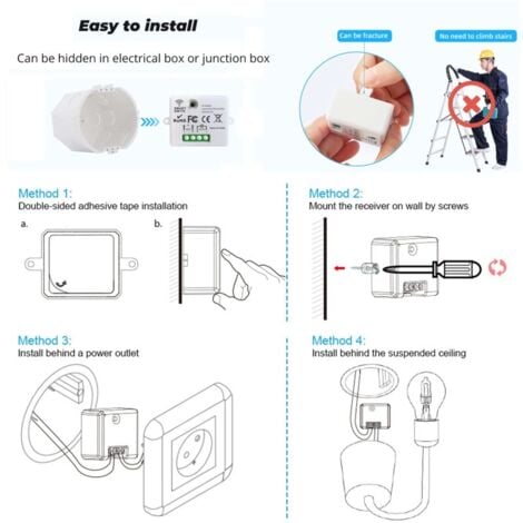 Interrupteur d'éclairage sans fil, interrupteur de sécurité de l'émetteur RF et contrôleur de récepteur 10A, installation facile pour lampe jusqu'à 1500W