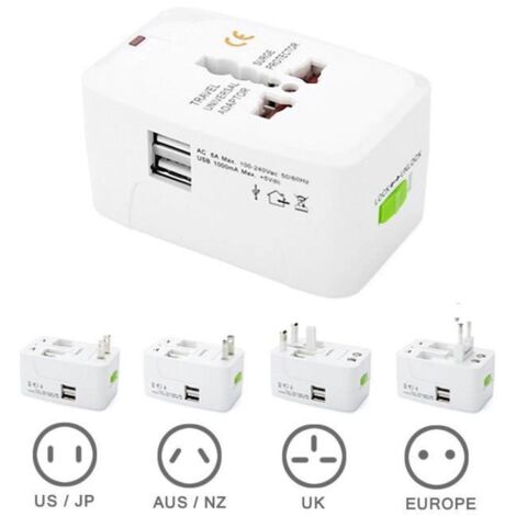 Adaptateur Prise de Voyage Universel avec 2 USB Ports et fusibles de