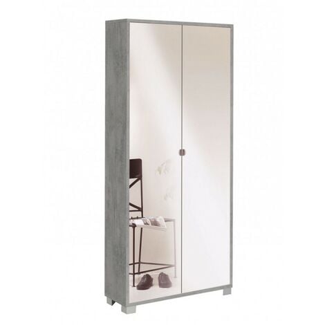 Armario multiusos slim con dos puertas de espejo ocho estantes Beton Cemento 83x29x h190 cm
