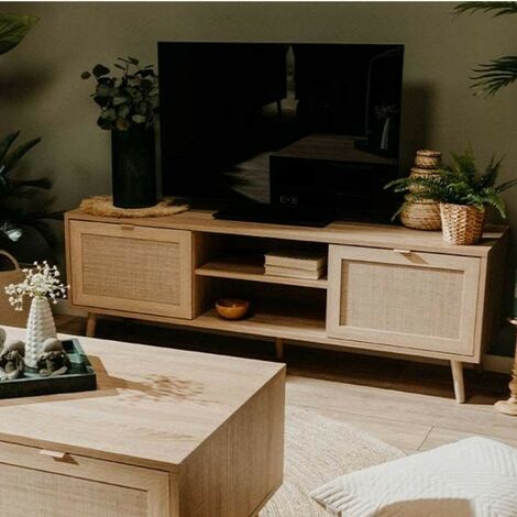 Mueble de TV 2 puertas 150 cm - Impresión efecto ratán (1/5)