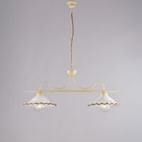 Lampadario in ferro laccato avorio e decorazione effetto decapè con diffusori in ceramica diametro 30 bianco e marrone 2 luci H.36 - MAX 96 - L. 83 X 30