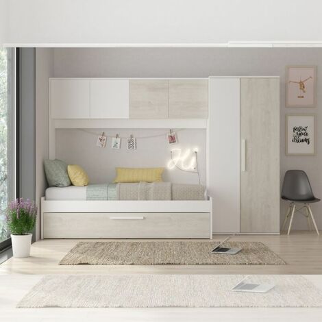 Bridge-Schlafzimmerset 6006 mit Ausziehbett und abgenutztem weiß-weißem Kleiderschrank