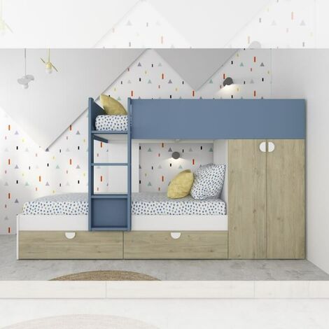 Schlafzimmer mit Etagenbett mit Schubladen und Kleiderschrank in Eiche und Hellblau