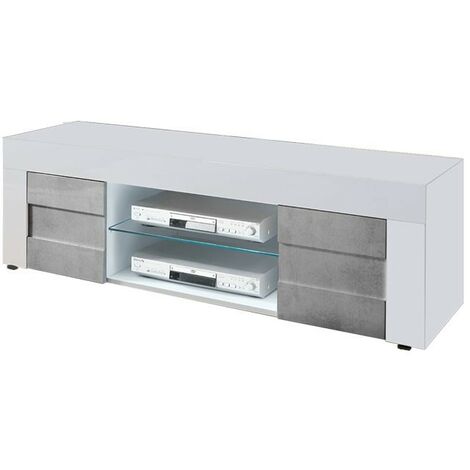 Glänzend weißer TV-Ständer mit 2 betongrauen Türen, L. 138 T. 42 H. 44 cm (1/5)
