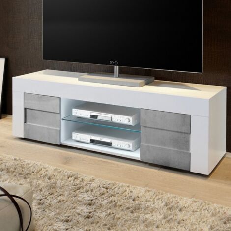 Glänzend weißer TV-Ständer 2 betongraue Türen L.138 S.42 H.44 cm (1/5)