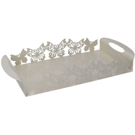 Rechteckiges cremefarbenes Schmetterlings-Metalltablett cm41x20h6,5 (1/5)