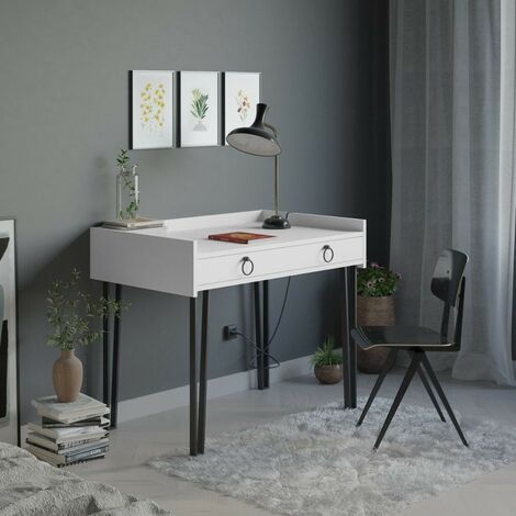 Moderne weiße Schreibtisch mit schwarzen Beinen und Schublade H 81,40 x B 61,80 x L 100 cm (1/4)