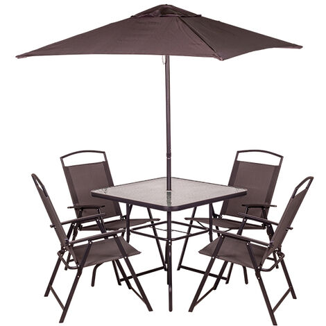 Set Pranzo Tavolo Quadrato 80x80 Cm Con Ombrellone E 4 Sedie Pieghevoli