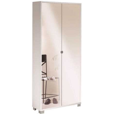 Schmaler Mehrzweckschrank mit zwei Spiegeltüren und acht Einlegeböden in Ash White 83x29x H190 cm