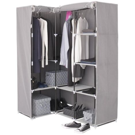 Eckkleiderschrank aus Metall und grauem Stoff mit zwölf Einlegeböden 131x87,5x h169 cm