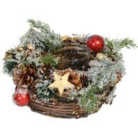 Schneebedeckter Kerzenhalter mit roten Beeren und Tannenzapfen cm ø24h14