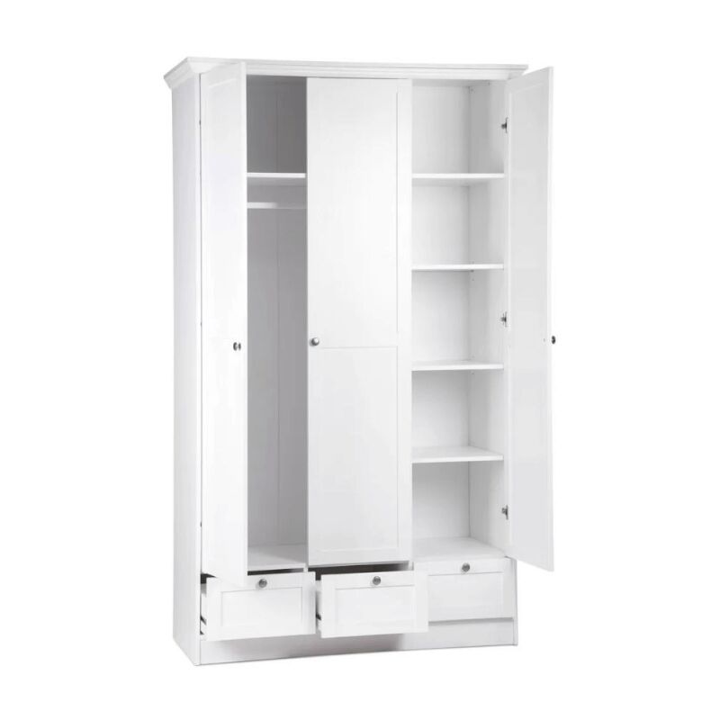 Armoire Landwood18 blanche à trois portes et trois tiroirs