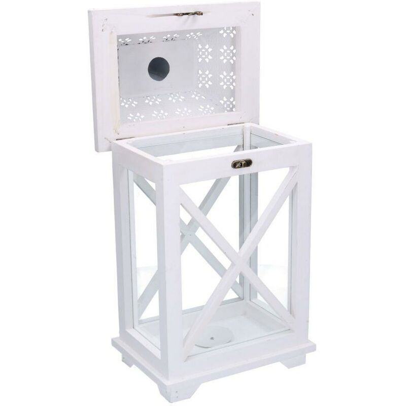 Lanterne Bois et Métal Blanc H37