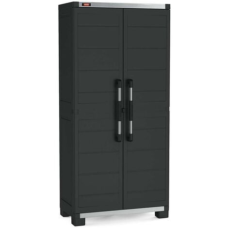 Keter – Armoire d'atelier haute en plastique 88x45x181H cm – 4 étagères renforcées 45 kg chacune – 2 portes – Résistante aux intempéries – Garage XL noir