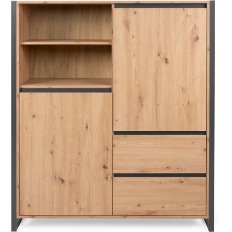 Buffet haut 2 portes 120x40x139 cm en panneaux MDF mélaminés chêne et anthracite – Design épuré sans poignées – Rangement moderne