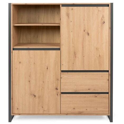 Buffet haut avec tiroirs, compartiment ouvert, chêne, profils antacite, 120 x 40 x 140 h cm (1/5)