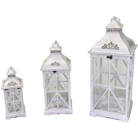 1-3 lanterne carrée en bois de métal blanchi cm32x32h78