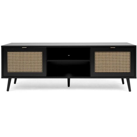 Calicosy – Meuble TV noir 2 portes avec compartiment ouvert – Façades effet osier – Dimensions 150x40x52h cm – Trou de câble intégré - Vienna56A (1/6)