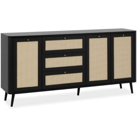Buffet noir KUTA51A avec 3 tiroirs et 3 portes effet raphia (1/5)