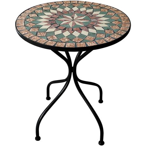 Table ronde en métal décorée mosaïque pierre 60x70 cm – Table de jardin pour repas extérieur – Facile à assembler, usage extérieur