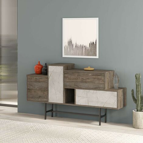 Buffet Hermes couleur café foncé avec portes et tiroirs effet marbre 160 cm (1/5)