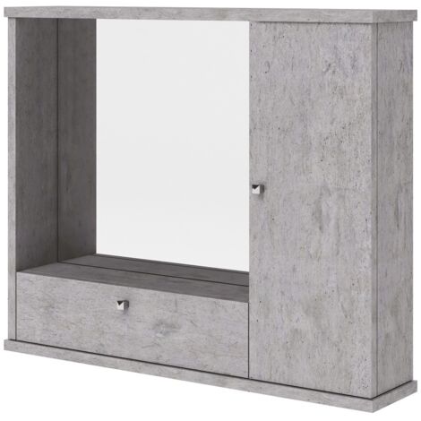 Miroir de salle de bain gris béton meuble moderne mobile 1 porte avec abattant h.61x73x14 (1/3)
