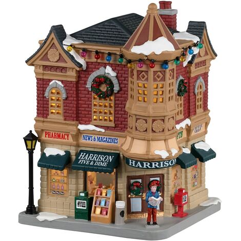 Lemax – Bâtiment éclairé Harrison Five & Dime 21x15,2x13,9 cm en porcelaine – Décoration de village de Noël 2023 – Interrupteur marche/arrêt (1/3)