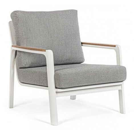 Fauteuil d'extérieur en aluminium-bois avec coussin blanc (1/5)