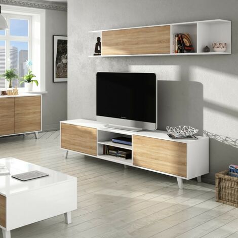 Kit de meuble de salon avec module bas et étagère centrale – Dimensions 180x41x51 cm – Finition blanc et chêne moderne – Fores Habitat S.L.U.