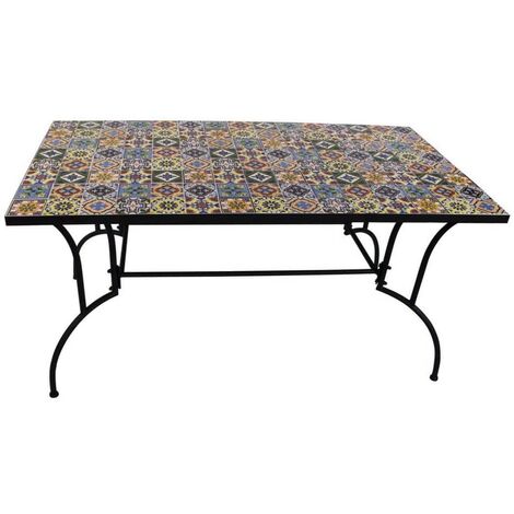 Table de jardin en métal peint 150 x 80 cm – Plateau mosaïque floral – Hauteur 73 cm – Pour repas en extérieur et terrasses – Lifeingarden