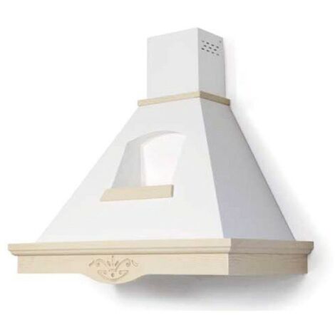 Hotte de cuisine TOSCA blanche rustique avec cheminée avec finitions en bois couleur corde 120 cm