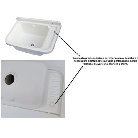 Lavandino Da Muro Negrari In Resina Bianca - 59x34x21 Cm, Resistente Agli Acidi, Kit Incluso