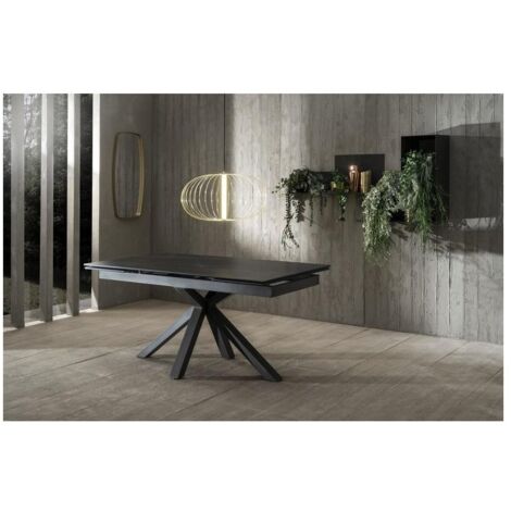 Table extensible 160 à 240 cm – Plateau céramique Portoro sur verre trempé – 2 rallonges de 40 cm – Pieds en métal gris anthracite (1/4)