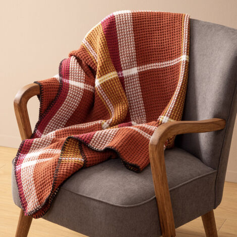 Plaid Nid d'abeille motif tartant Terracotta 130 x 180 cm - Atmosphera (1/4)