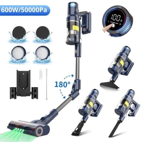 Aspirateur Balai sans Fil 600W/50KPa 73300mAh/65min Filtration en 6 Etapes Ecran OLED 8 en 1 Brosse Motorisée Lumière Led Verte