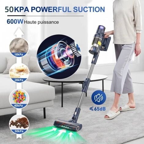Aspirateur Balai sans Fil 600W/50KPa 73300mAh/65min Filtration en 6 Etapes Ecran OLED 8 en 1 Brosse Motorisée Lumière Led Verte