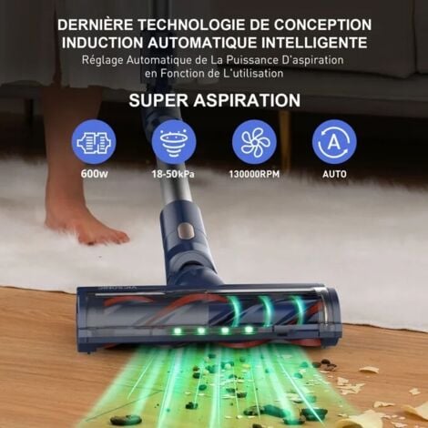 Aspirateur Balai sans Fil 600W/50KPa 73300mAh/65min Filtration en 6 Etapes Ecran OLED 8 en 1 Brosse Motorisée Lumière Led Verte