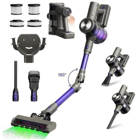 Aspirateur Balai sans Fil 630W/62Kpa 73700mAh 65min d'Autonomie Filtration en 7 Etapes Ecran OLED Intelligent Brosse Lumière Verte