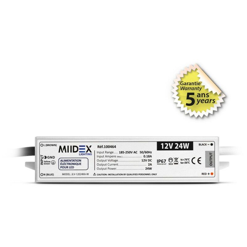 Transformateur LED 24W 12 Volts DC.  Boutique Officielle Miidex Lighting®