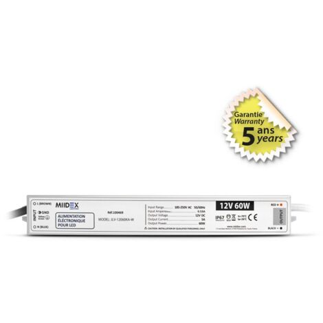 Transformateur LED 60W 12 Volts DC IP67 Miidex Lighting®
