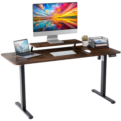 Höhenverstellbarer Schreibtisch 140 x 60 cm, Elektrischer Schreibtische Höhenverstellbar, Gaming Tisch mit Monitorständer, Stehpult Verstellbarer Computertisch, Adjustable Standing Desk, Braun