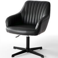 Schreibtischstuhl Ohne Rollen, Bürostuhl Vintage PU Stoff, Höhenverstellbar Schminktisch Stuhl, Drehstuhl Kinder, Bis 135 kg Belastbar Desk Chair, für Arbeitszimmer, Schlafzimmer, Schwarz