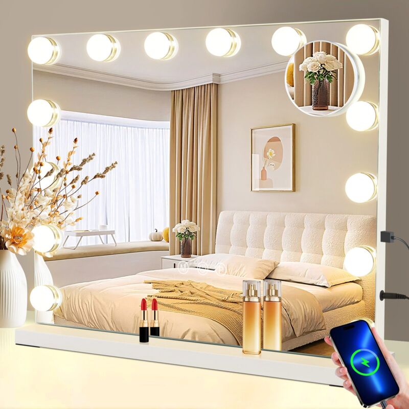 SIRHONA Miroir Maquilleur avec Bluetooth, Éclairage 3 Couleurs Dimmable, 14 Ampoules LED, Style