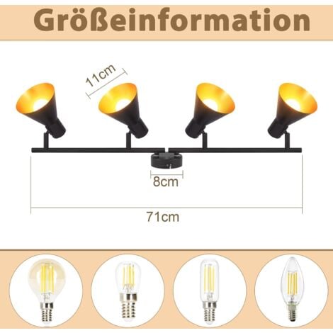 GBLY Plafonnier Spot , 4x E14 ,  pivotante & orientable , design industriel , vintage spot mural , noir , IP20 , 71 x 11 x 21 cm , sans ampoules
